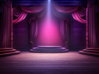 The dark stage shows an empty dark blue purple pink background design.