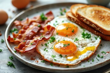 A high angle shot of a delicious breakfast spread featuring sunny-side-up eggs, crispy bacon, and toast Breakfast with fried eggs, bacon and toasts