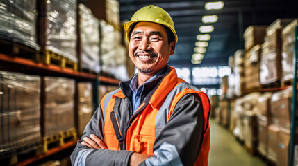 A dedicated warehouse worker, smiling in a logistic center, exemplifying Asian worker wearing hard hat and safety vests. Engaged in shipment activities in a storehouse, showcasing professionalism in a