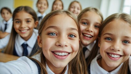 Fototapeta premium Group of schoolchildren in uniforms sharing a cheerful moment while taking a selfie in a classroom.