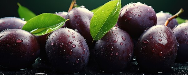 Fresh ripe plums, healthy bio fruit food gardening concept banner panorama. Generative Ai