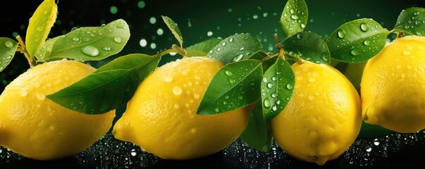 Fresh ripe lemons, exotic healthy bio fruit food gardening banner panorama. Generative Ai