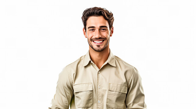 Radiating positivity, a warehouse worker in uniform smiles against a clean white background. A professional and approachable image for diverse concepts and designs.