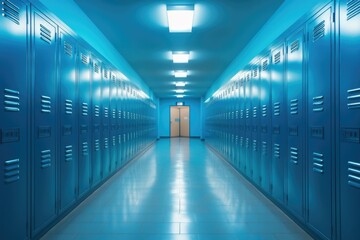 University hallway with modern blue row of lockers on the wall, clean school interior. Generative Ai.