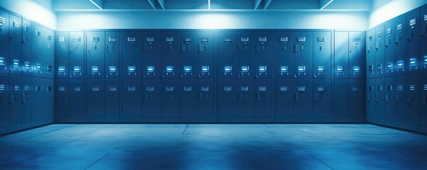 University hallway with modern blue row of lockers on the wall, school banner panorama. Generative Ai.