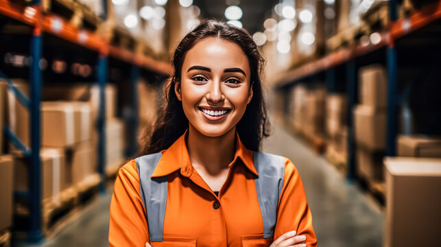 Radiant teamwork female warehouse workers in uniform smiling amidst the backdrop of shelving. A positive and professional image for logistics and workforce concepts.