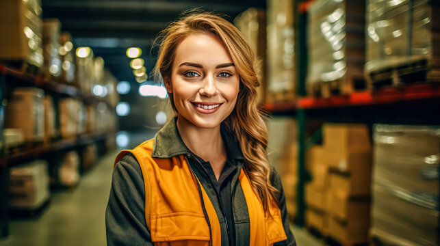 Radiant teamwork female warehouse workers in uniform smiling amidst the backdrop of shelving. A positive and professional image for logistics and workforce concepts.