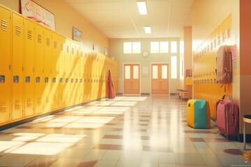University hallway with modern yellow row of lockers on the wall, clean school interior. Generative Ai. - obrazy, fototapety, plakaty