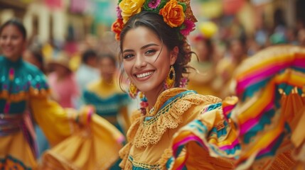 A joyful dancer in vibrant traditional dress celebrates at a Cinco De Mayo parade; cultural pride