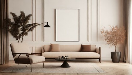 mockup poster frame hanging from the wall of a living room with modern interior