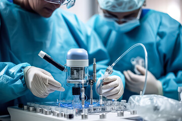 Fototapeta premium Microscope, science, and a dedicated team of scientists conduct research, medicine innovation, and biotechnology in healthcare. Pharmaceutical students in a laboratory meticulously work on studying ba