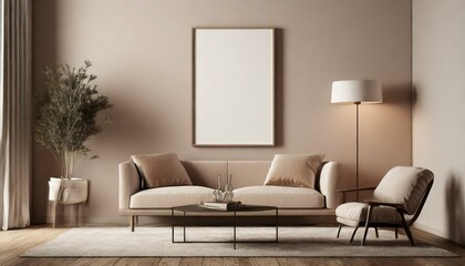 mockup poster frame hanging from the wall of a living room with modern interior