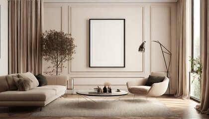 mockup poster frame hanging from the wall of a living room with modern interior