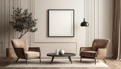 mockup poster frame hanging from the wall of a living room with modern interior