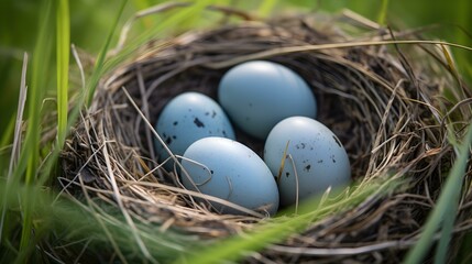 Naklejka na ściany i meble Close up of blue Eggs in a Nest amongst Spring Grass. Selective Focus