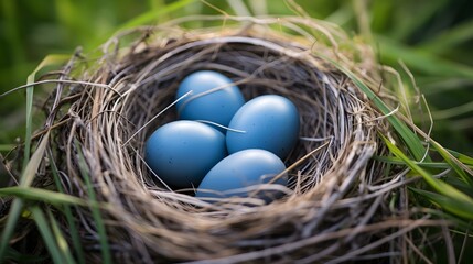 Obraz premium Close up of blue Eggs in a Nest amongst Spring Grass. Selective Focus