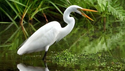 Naklejka premium white heron resting in the river with a mouth open