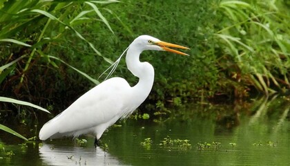 Obraz premium white heron resting in the river with a mouth open