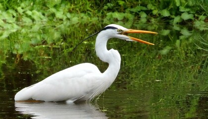 Fototapeta premium white heron resting in the river with a mouth open