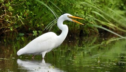 white heron resting in the river with a mouth open