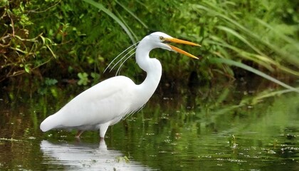 Obraz premium white heron resting in the river with a mouth open