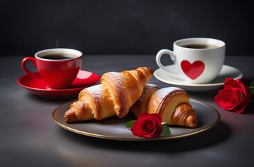 French croissant on an antique plate, with a cup of delicious and aromatic coffee. Red hearts,