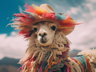 Lama in einer bergigen Landschaft, traditionelle Farben und traditionell peruanischer Schmuck, den das Lama trägt - obrazy, fototapety, plakaty