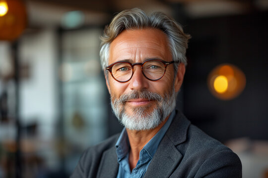 Portrait of a handsome senior businessman with grey hair wearing glasses in a cafe background.