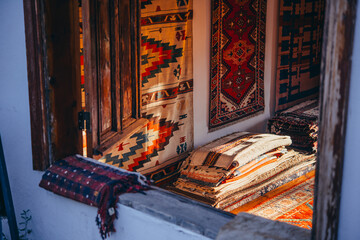 Traditional turkish carpets on sale in a store in Kas, Turkey.