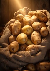 Fresh potatoes messy from ground on farm field with sunset light. Generative Ai.
