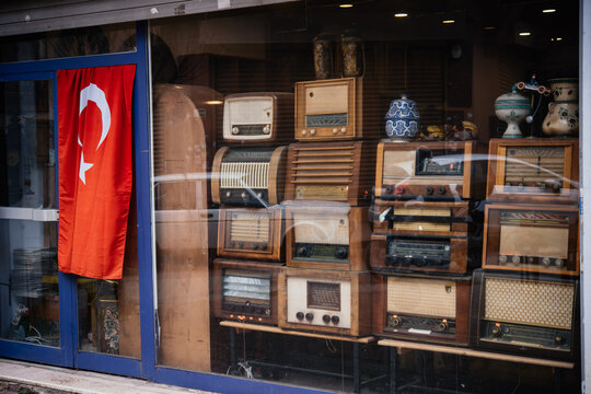 Collection of vantage radios on sale in a thrift store in Istanbul, Turkey.