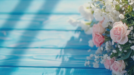 Marriage day setting with bridal bouquet of pink roses on blue wooden surface.