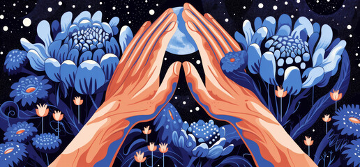 Surreal esoteric abstract illustration with hands and various ritual symbols