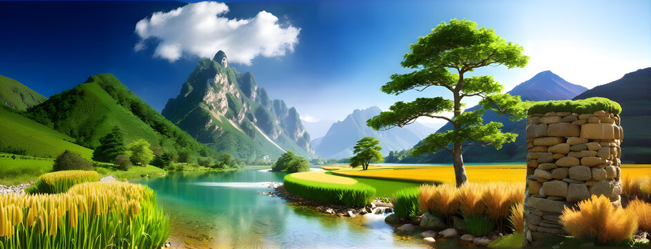 beautiful scenery,mountain,tree,river,Generative AI
