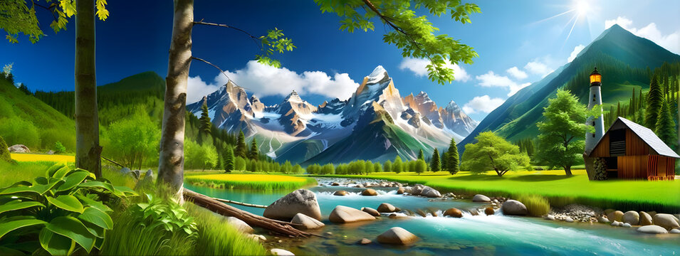 beautiful scenery,river,mountain,tree,cloud,Generative AI