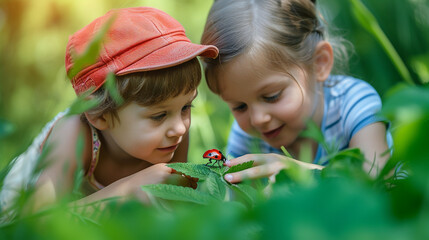 children look at the insect ladybug close-up