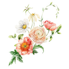 Watercolor bouquet of peonies, ranunculi, chamomiles and leaves. Hand painted card of floral elements isolated on white background. Holiday flowers Illustration for design, print, fabric, background. - 728069333