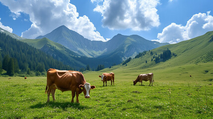 Fototapeta na wymiar a cow grazes on the background of mountains