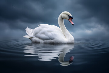 Weißer Schwan spiegelt sich im tiefblauen See, Reflektion eines Schwans im Wasser