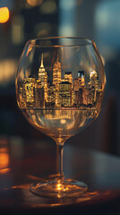 A new York city diorama inside a wine glass . Cinematic lighting