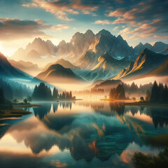 Fototapeta na wymiar Misty Mountain Sunrise Reflections on Serene Lake
