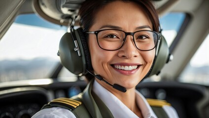 Close-up selfie of a middle-aged Asian woman with headphones, smiling in a pilot uniform inside an aircraft cockpit.