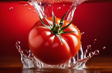 Red ripe tomato with drops of water, the tomato drops water splashes in different directions.