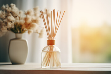 Fototapeta premium A glass bottle on a table with a reed diffuser inserted, emitting fragrance into the air. Beige color scheme. Modern interior on blurred background
