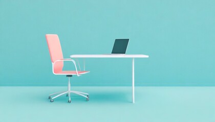 Streamlined Productivity: Minimal Office Chair and Table with Laptop Setup