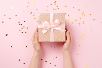 Obraz premium Top view of a female hands holding a gift box with confetti on pink background. Flat lay composition for birthday or wedding