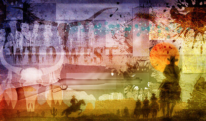 Abstrakte Western Retro, Illustration mit überlagerten Silhouetten - Longhorn Wildwest Reiter mit Pferden - Design Elemente psychedelisch