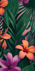 Vibrant tropical flora with orange and pink blooms nestled among rich green leaves. Phone wallpaper. 