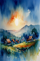 Watercolor Sunrise Serenity ,Morning in countryside