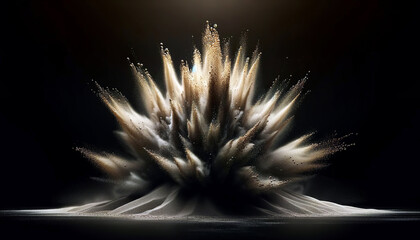 A dynamic explosion of powder, with particles and fine dust rising in a stunning burst, resembling a flower against a dark, moody background.Background concept. AI generated.